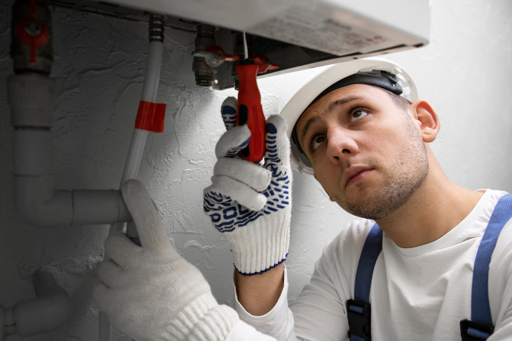 763835 - Fontanería Los Chicos - Haznoticia.com Plumber in a hard hat and gloves tightening a red pipe wrench under a sink among exposed pipes.