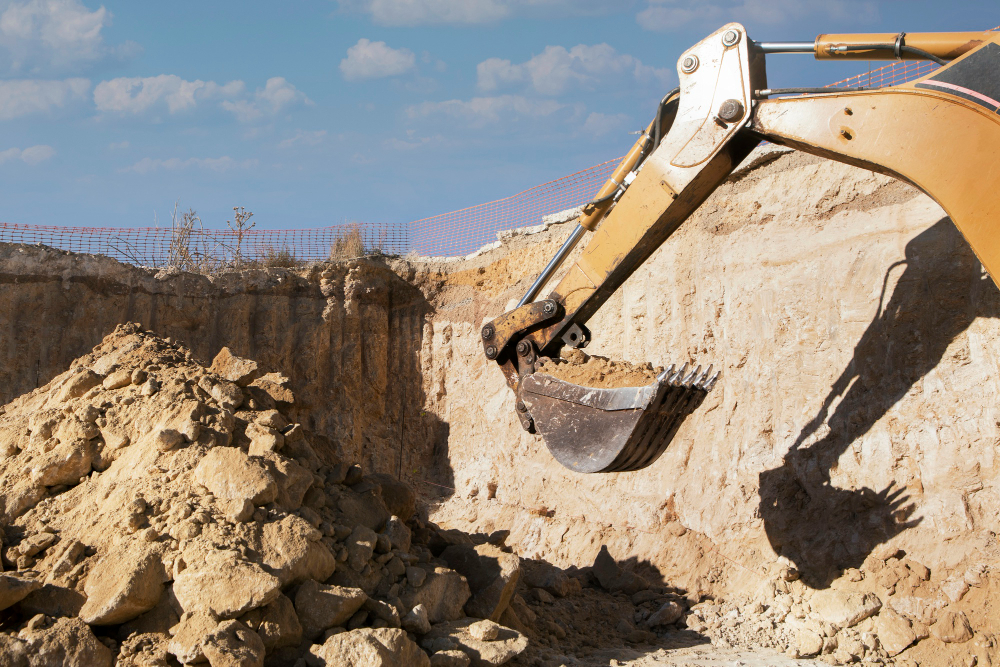 765574 - Exclasa Servicios - Haznoticia.com Excavator bucket digging into a sandy trench at a construction site, with dirt piles and a blue sky behind.