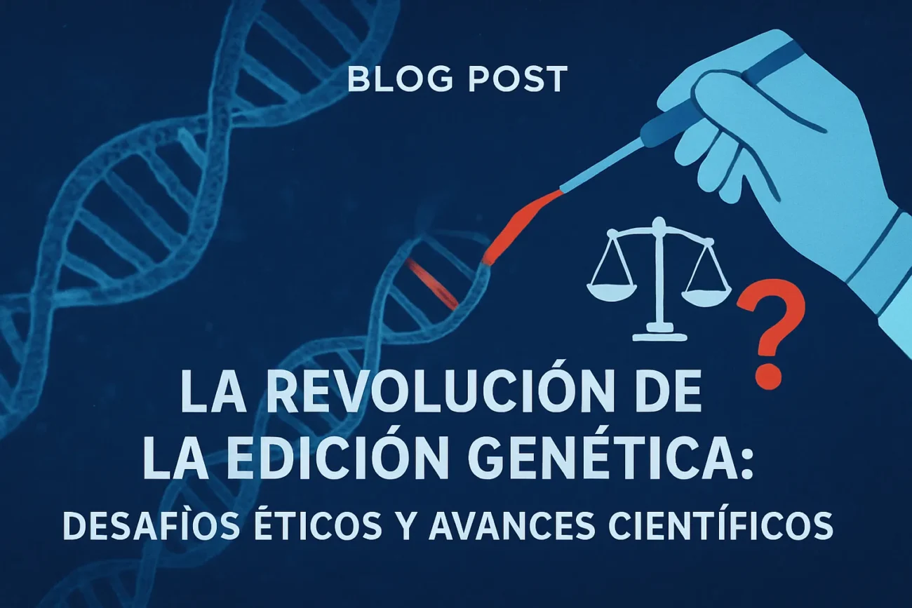 La-Revolucion-de-la-Edicion-Genetica-Desafios-Eticos-y-Avances-Cientificos - Haznoticia.com Blog post cover about gene editing: ethics and scientific advances, with DNA strands, a hand with a pipette, scales, and a question mark in blue tones