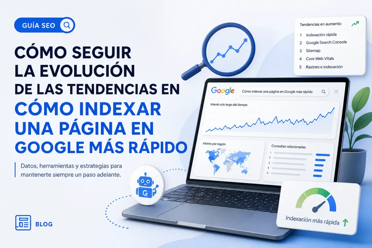 Banner promocional de un blog: 'CÓMO SEGUIR LA EVOLUCIÓN DE LAS TENDENCIAS EN CÓMO INDEXAR UNA PÁGINA EN GOOGLE MÁS RÁPIDO' con gráficos sobre Google en una laptop de fondo