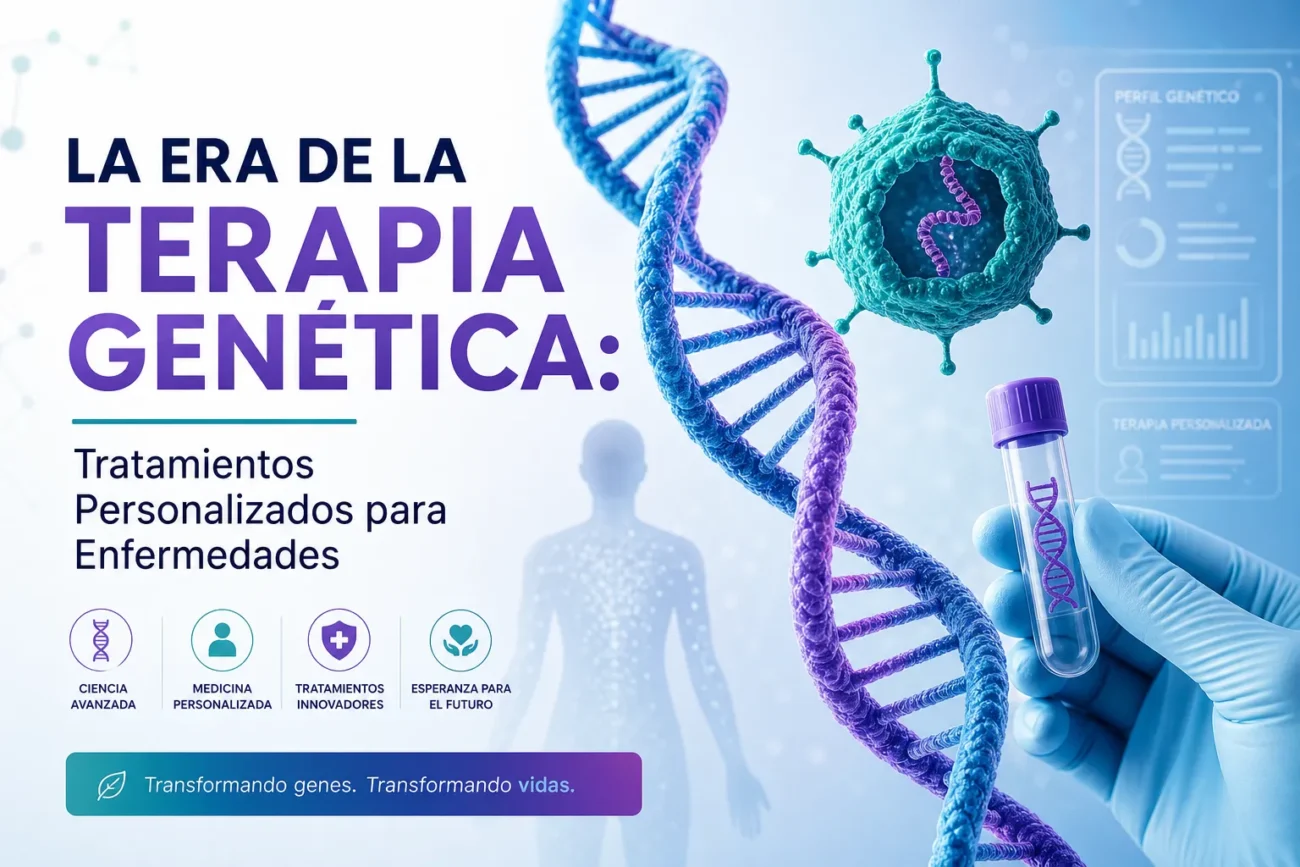 La-Era-de-la-Terapia-Genetica-Tratamientos-Personalizados-para-Enfermedades - Haznoticia.com Banner sobre la terapia genética: doble hélice de ADN, una mano con guante sosteniendo un tubo de ensayo y una silueta humana de fondo, transmite el mensaje de tratamientos personalizados.